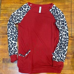 Tickled Teal Red Leopard Sleeve Top
